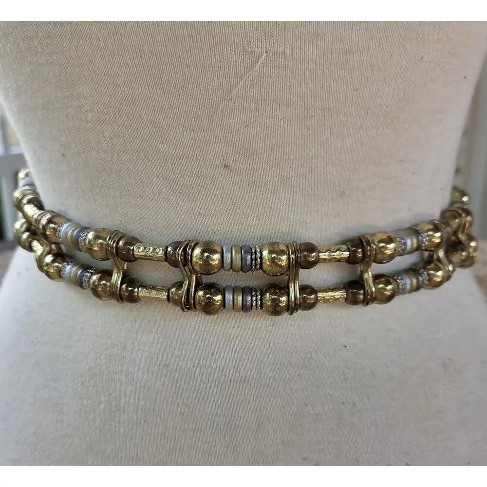Vintage Boho Gold Beaded Belt | Metallic Gray & Silver Accent Beads